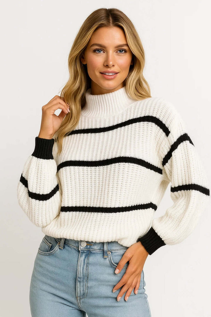 Ruby | Ribbed Striped Jumper with Stand Collar – Warm & Casual