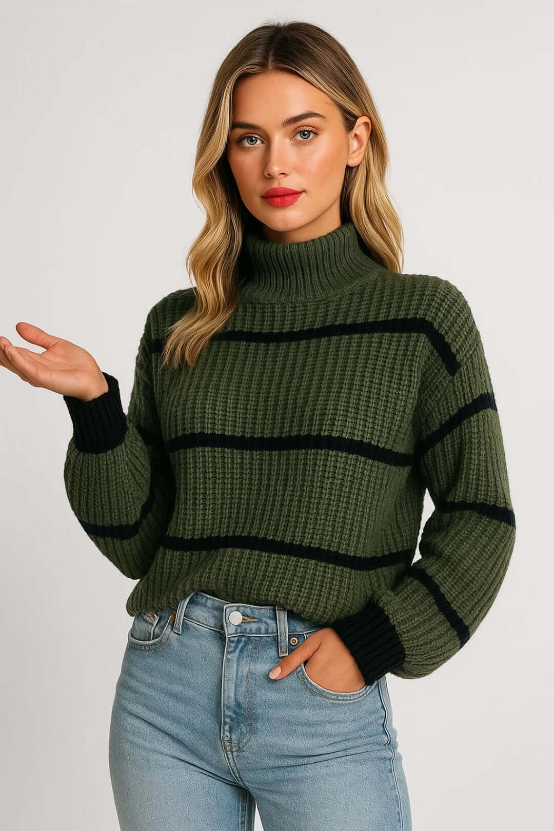 Ruby | Ribbed Striped Jumper with Stand Collar – Warm & Casual