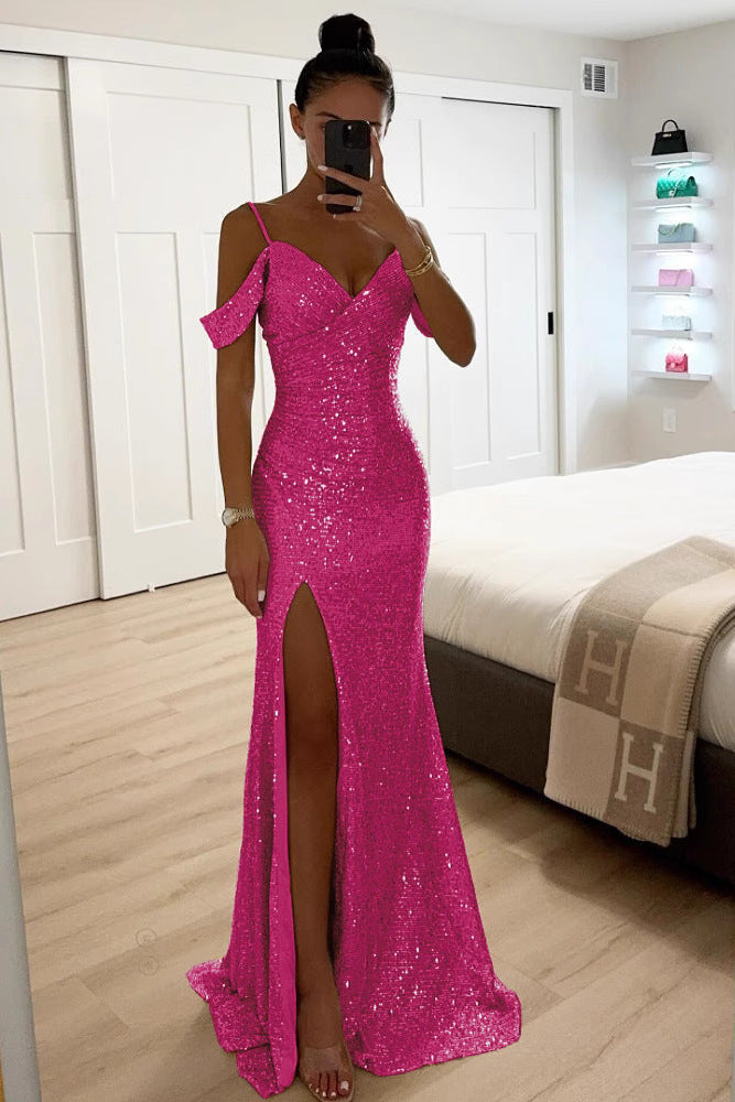 Merrin | Sequin Off-Shoulder Maxi Dress with High Slit