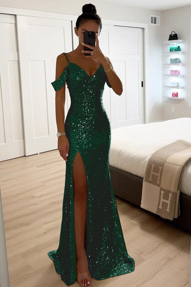 Merrin | Sequin Off-Shoulder Maxi Dress with High Slit