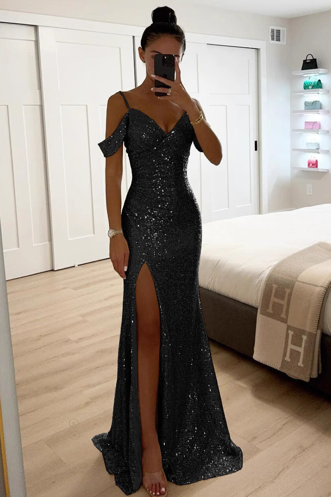 Merrin | Sequin Off-Shoulder Maxi Dress with High Slit