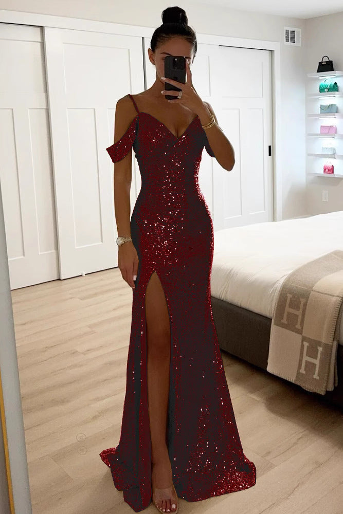 Merrin | Sequin Off-Shoulder Maxi Dress with High Slit