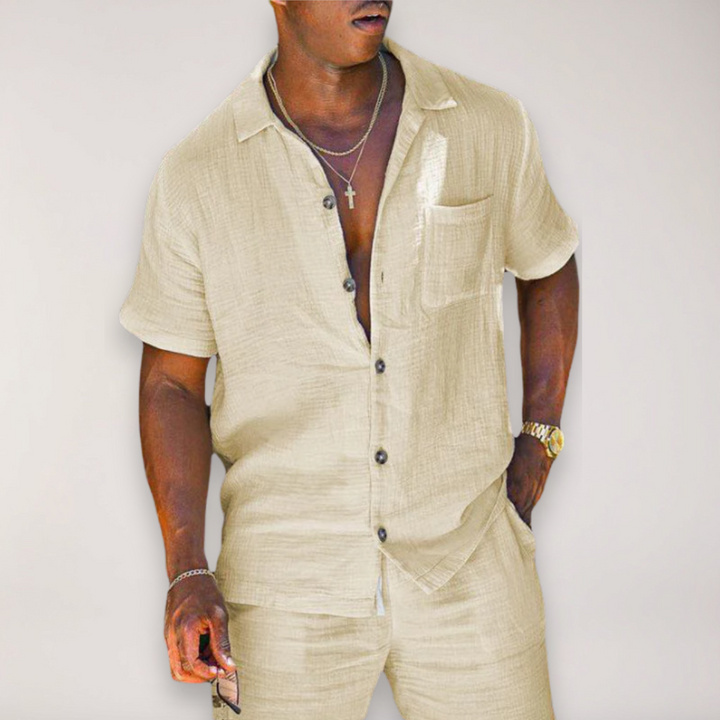 Men’s Linen Two-Piece Summer Set – Short Sleeve Shirt & Shorts with Relaxed Fit