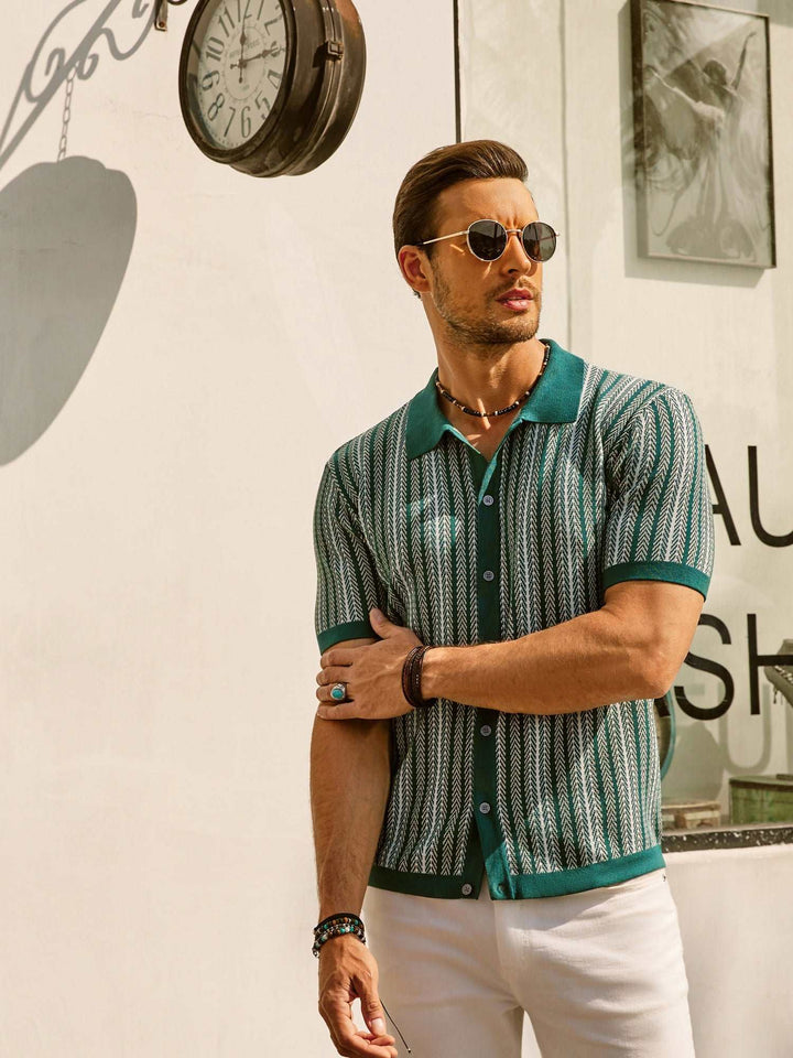 Retro Striped Button-Down Polo Shirt – Short Sleeve Vintage Look for Men