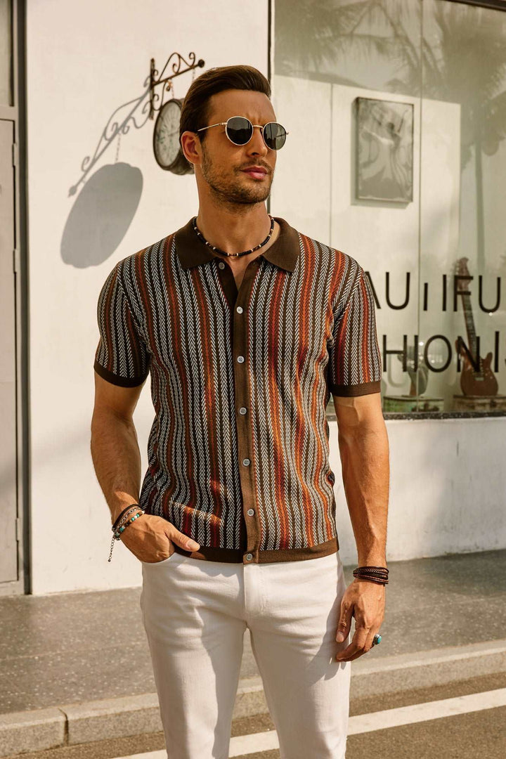 Retro Striped Button-Down Polo Shirt – Short Sleeve Vintage Look for Men