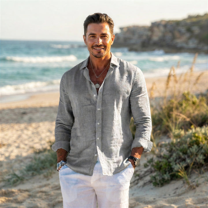 Men’s Linen Casual Long Sleeve Shirt – Solid Colour Button-Up in Multiple Shades