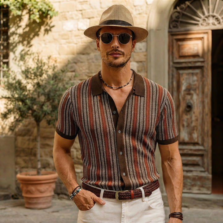 Retro Striped Button-Down Polo Shirt